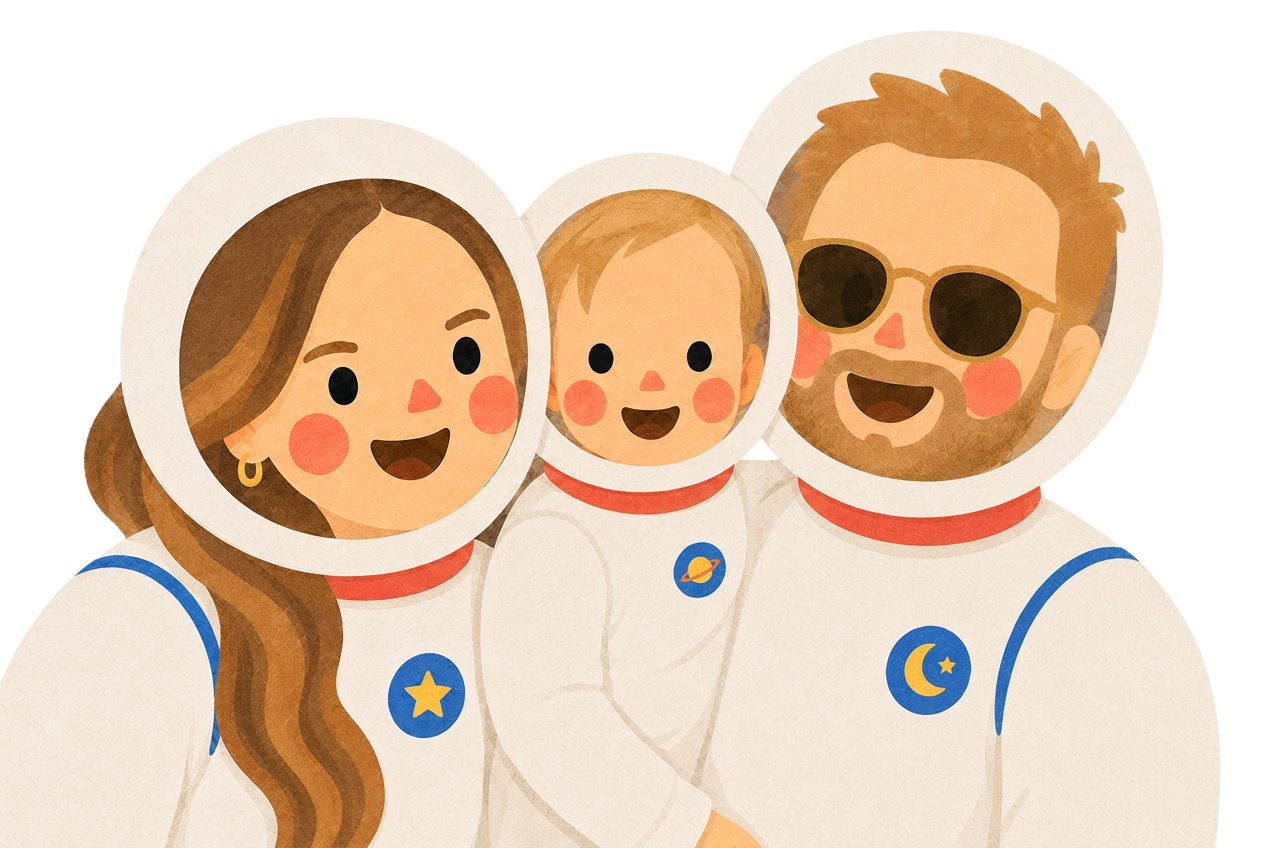 Sonny, Sarah and Jason together in white space suits