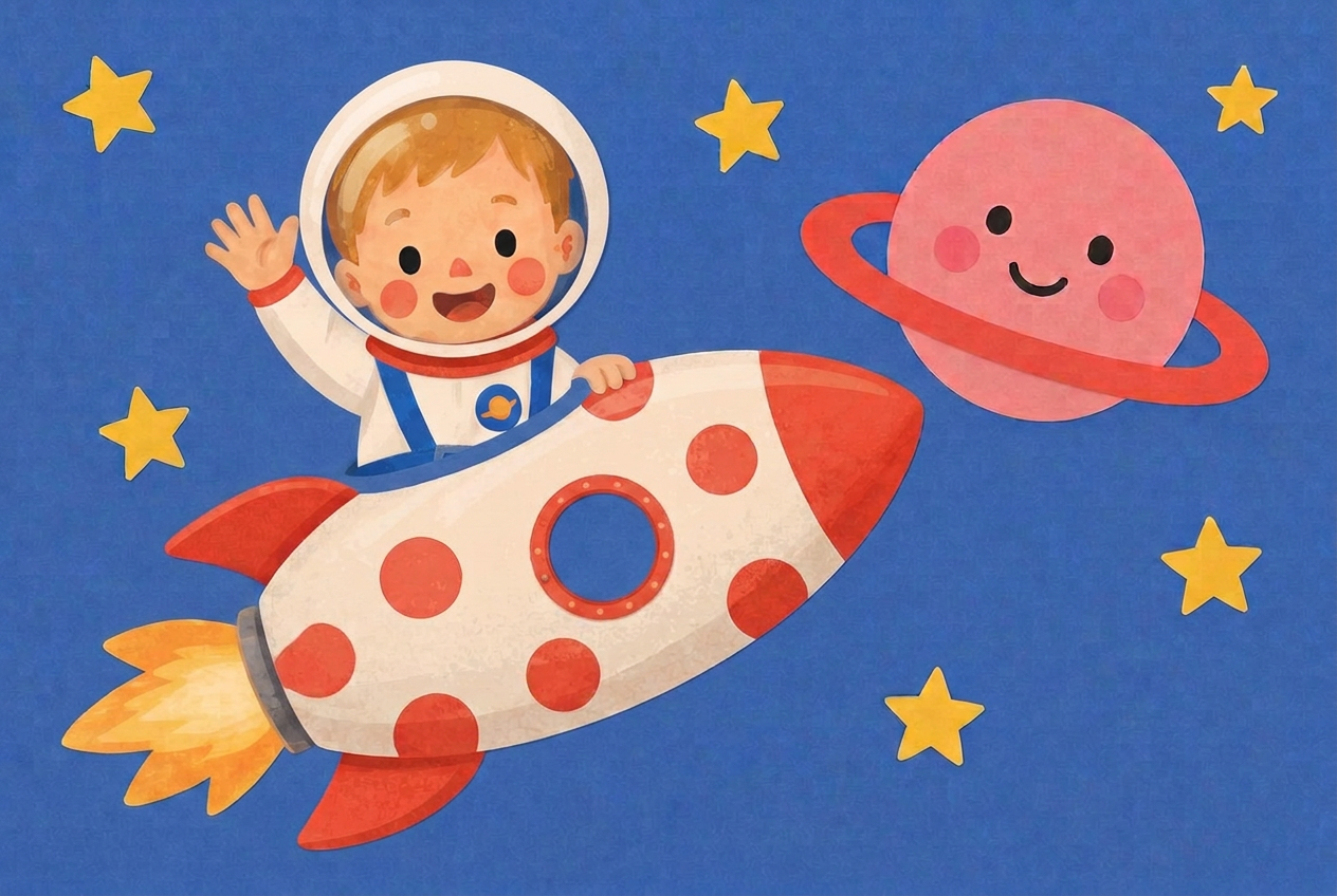 Sonny in his white astronaut helmet, waving from the rocket in his storybook
