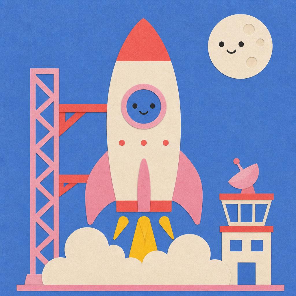 Storybook illustration of rockets at NASA