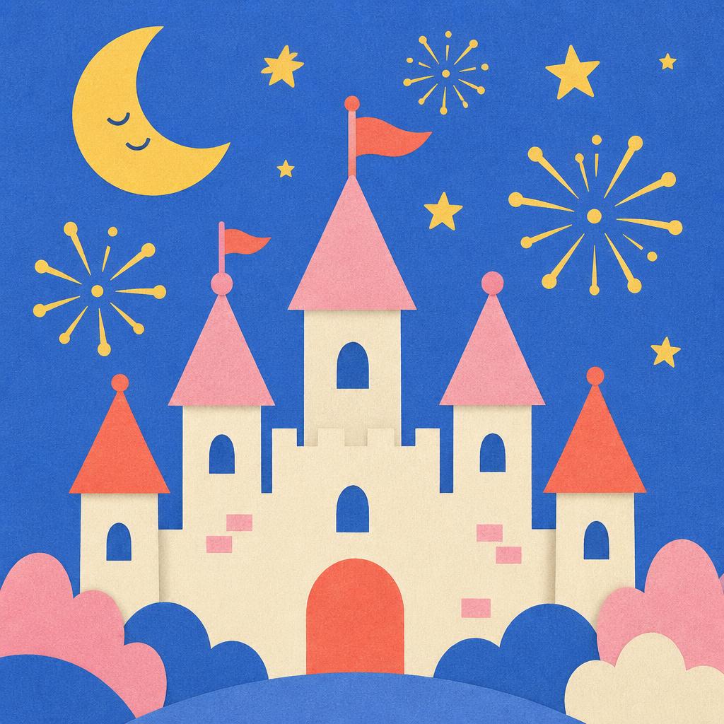 Storybook illustration of gold fireworks over the Disneyland castle