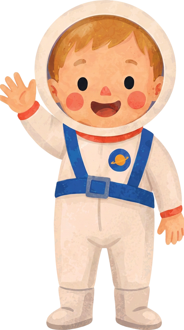 Sonny in his white storybook astronaut helmet